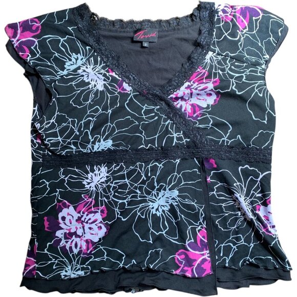 Y2K Floral Lace Trim V-Neck Blouse Top Torrid, Size 1 (14/16) - Picture 1 of 4